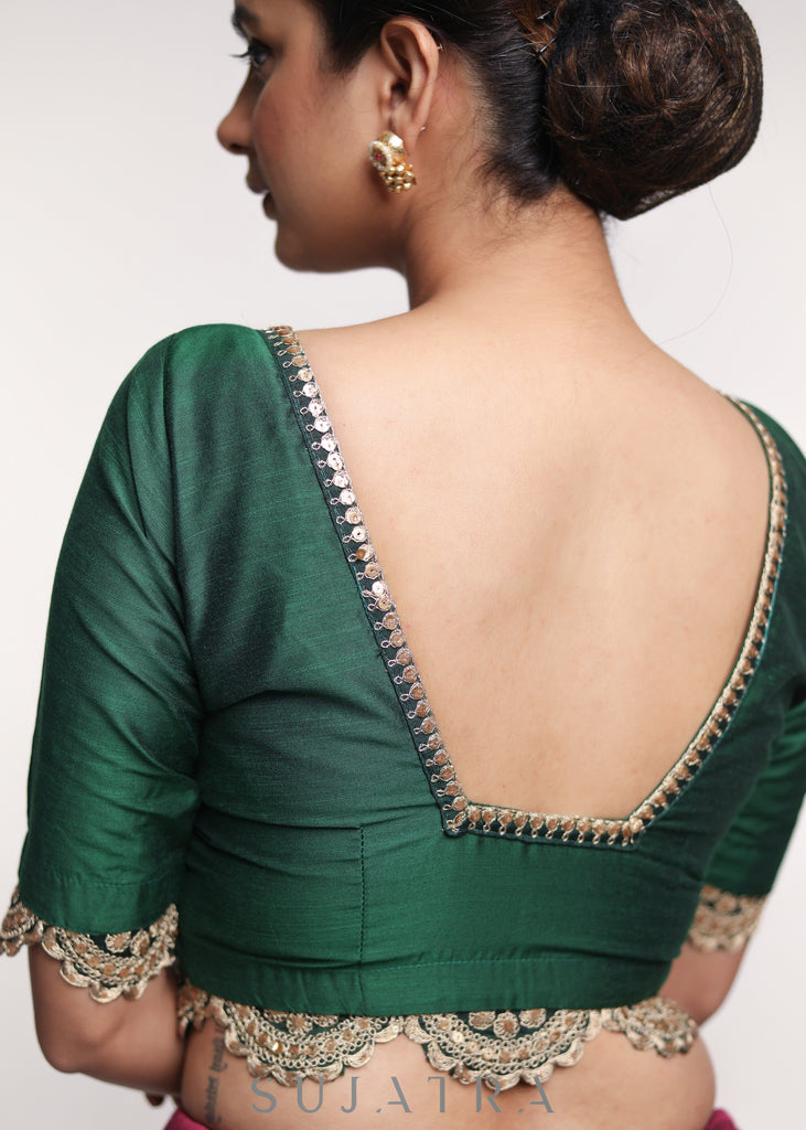 Forest Green Cotton Silk Blouse With Lace Insert