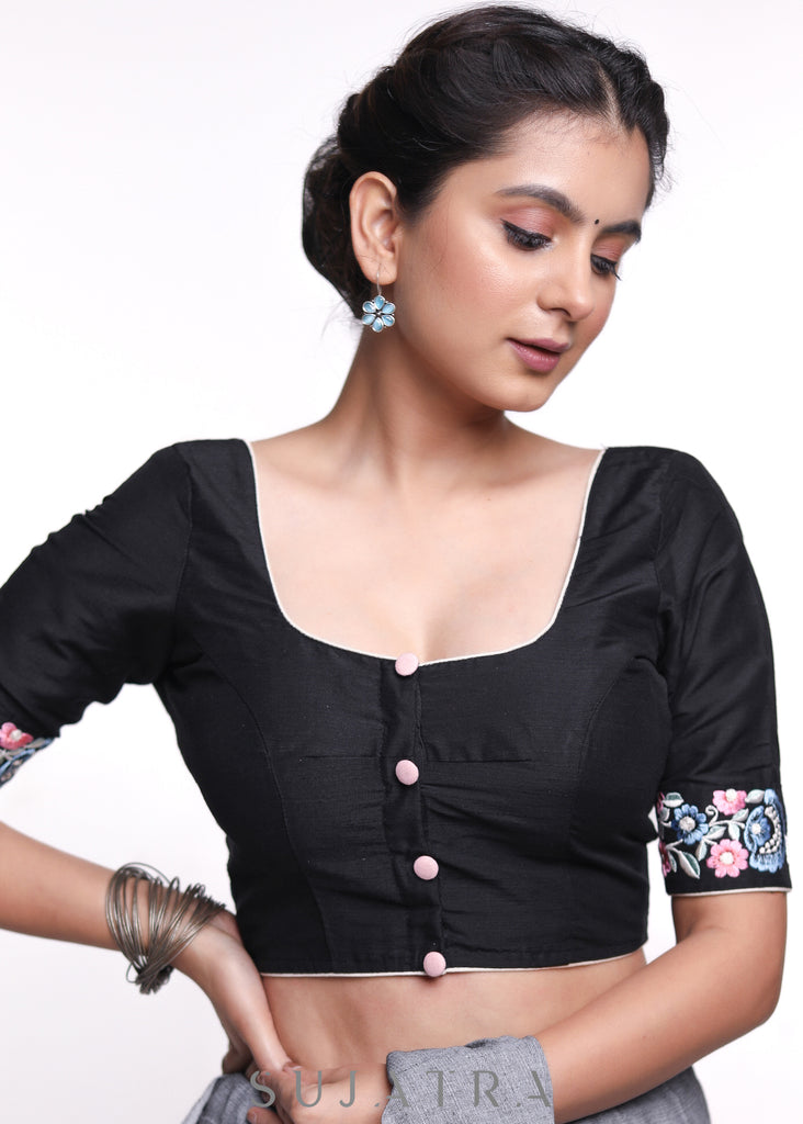 Black Multicolour Cotton Silk Embroidery