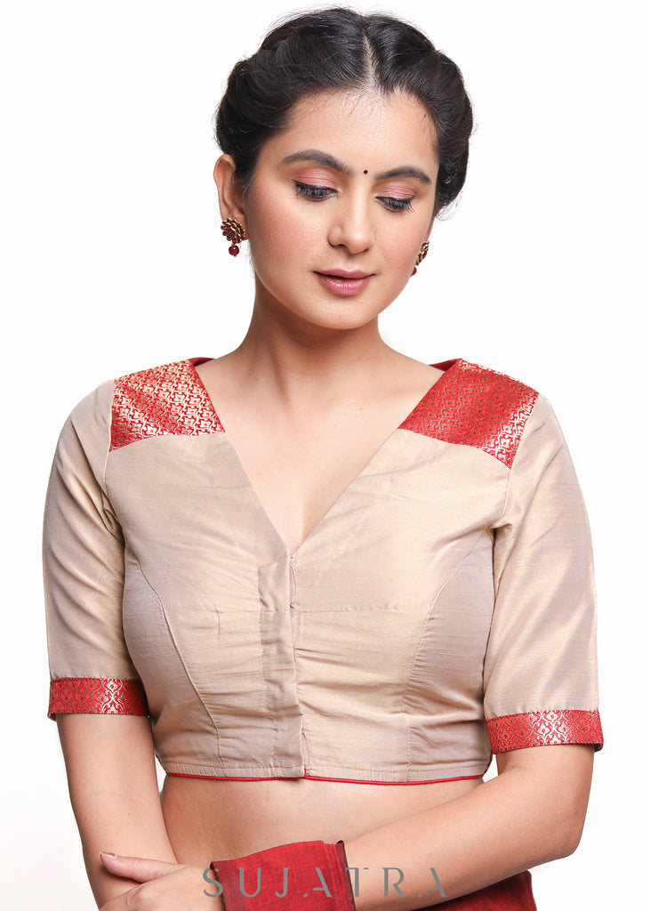 Beige Brocade Combination Cotton Silk Blouse