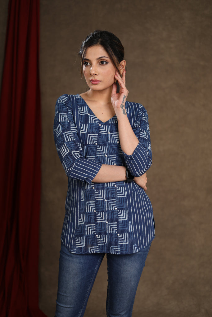 Casual Cotton Indigo Combination Top