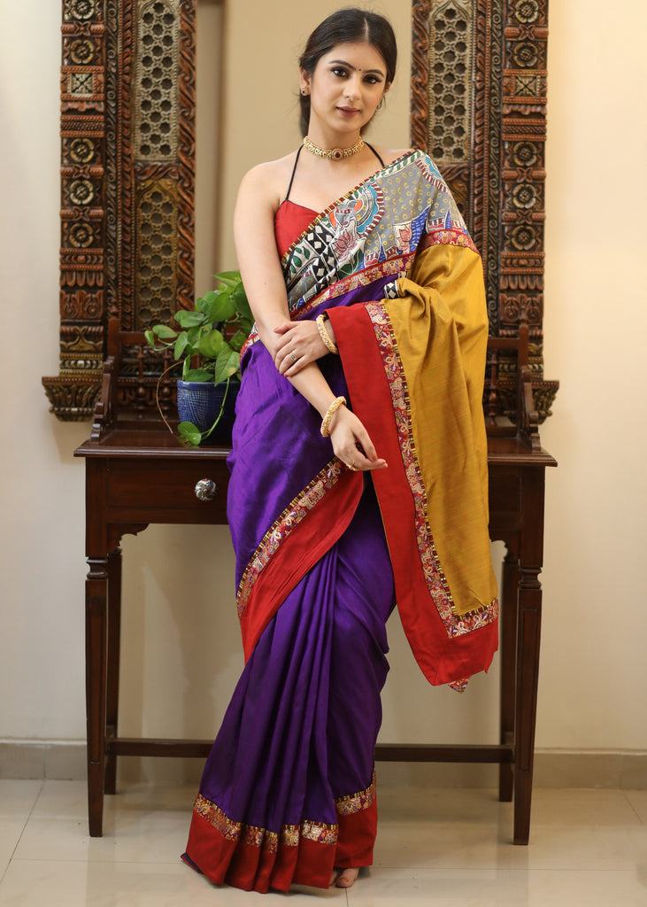 Regal purple Raw silk saree with traditional Kalamkari painted bored, mustard Pallu and marron border