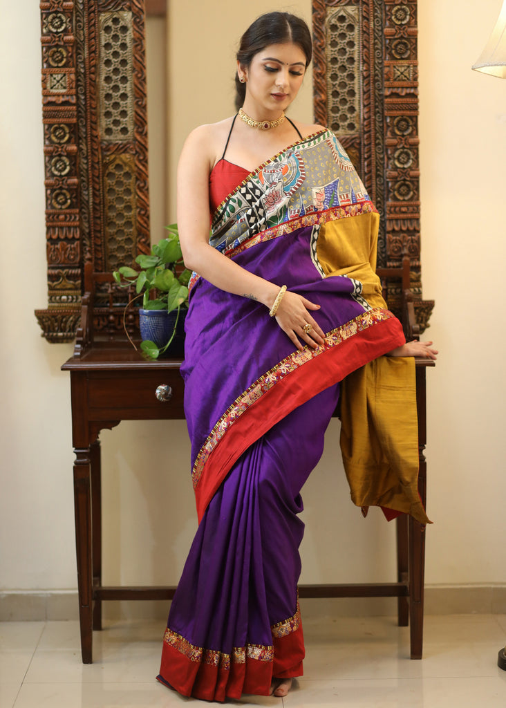 Regal purple Raw silk saree with traditional Kalamkari painted bored, mustard Pallu and marron border
