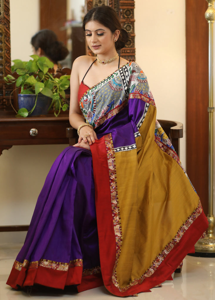 Regal purple Raw silk saree with traditional Kalamkari painted bored, mustard Pallu and marron border