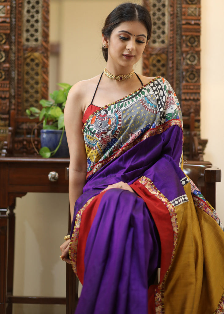 Regal purple Raw silk saree with traditional Kalamkari painted bored, mustard Pallu and marron border