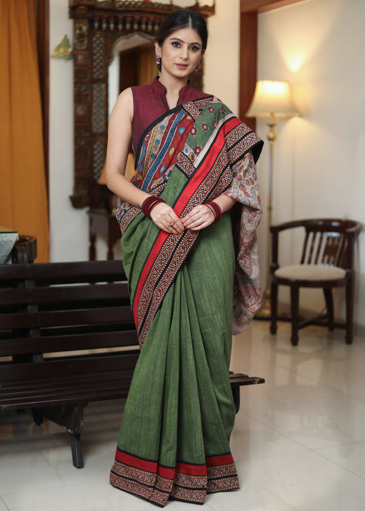 Classy moss green Cotton saree with Kalamkari hand painted Pallu and Ajrakh border