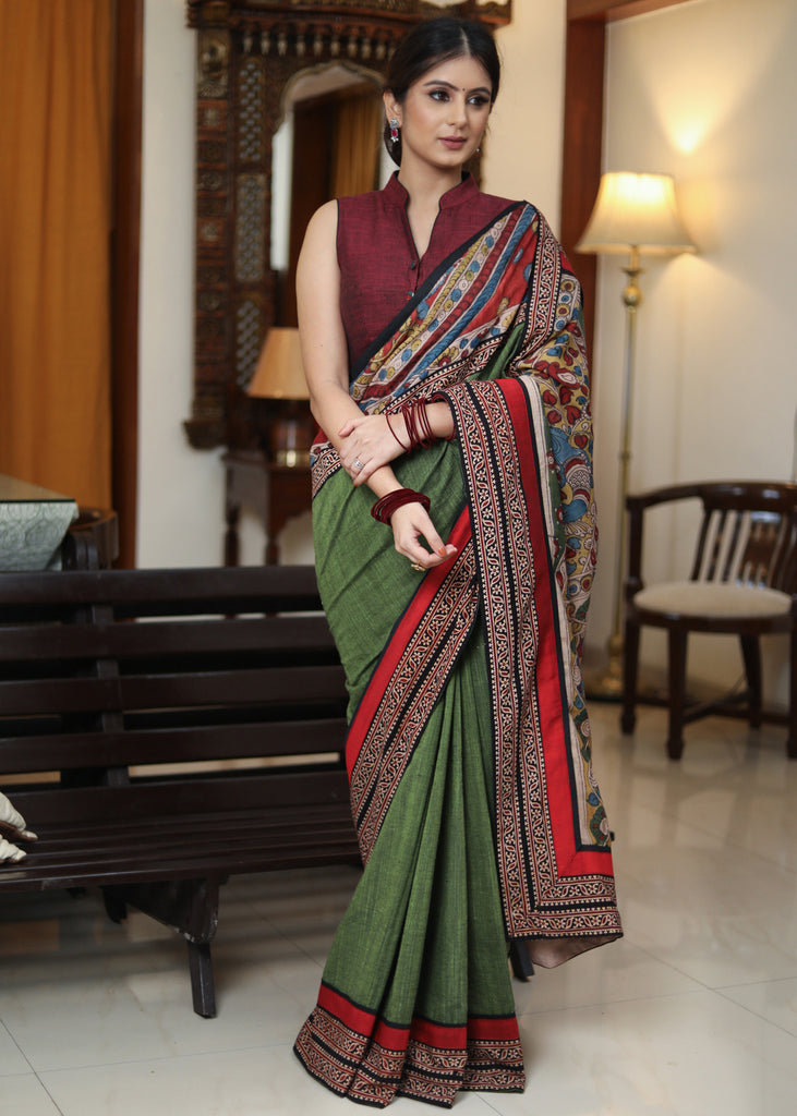 Classy moss green Cotton saree with Kalamkari hand painted Pallu and Ajrakh border