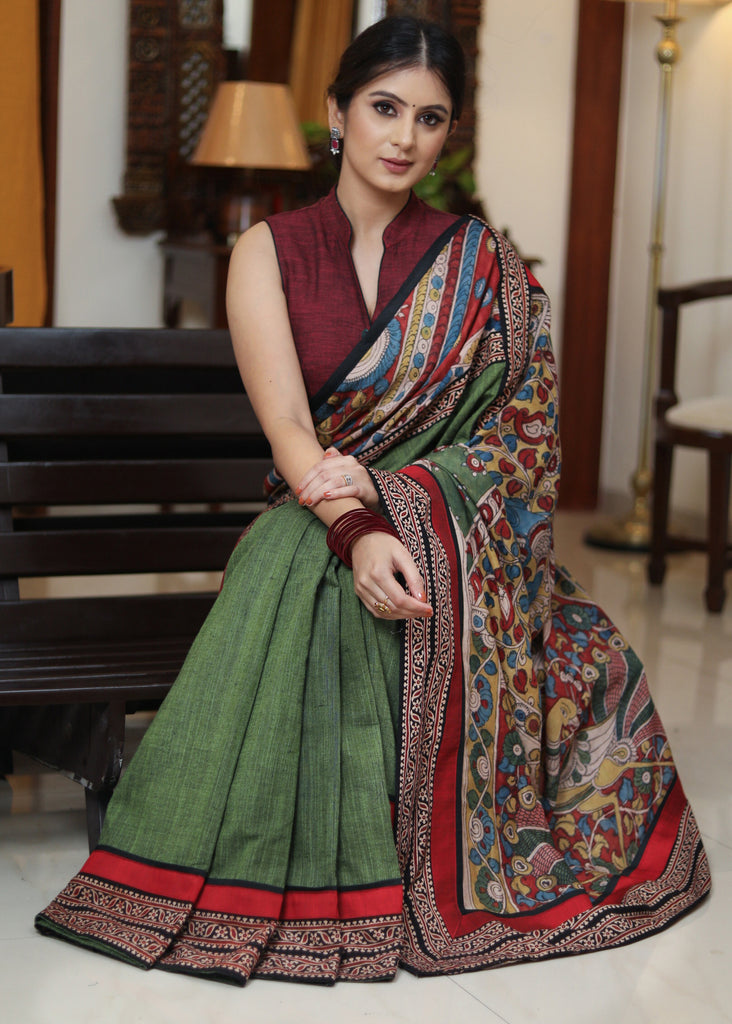 Classy moss green Cotton saree with Kalamkari hand painted Pallu and Ajrakh border
