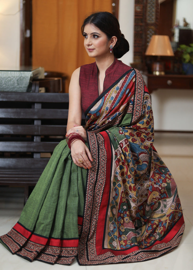 Classy moss green Cotton saree with Kalamkari hand painted Pallu and Ajrakh border