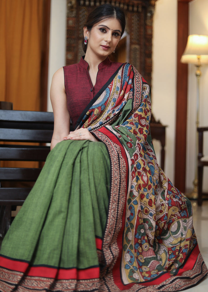 Classy moss green Cotton saree with Kalamkari hand painted Pallu and Ajrakh border