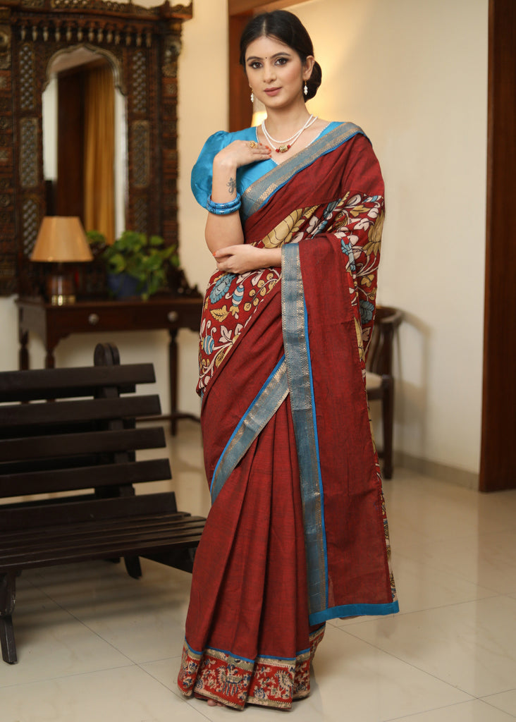 Classy maroon Cotton saree with Kalamkari hand painted Pallu and Ajrakh border