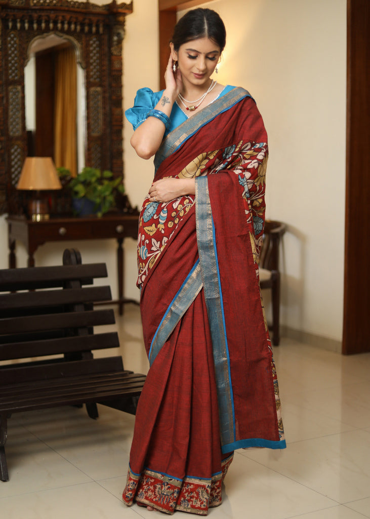 Classy maroon Cotton saree with Kalamkari hand painted Pallu and Ajrakh border