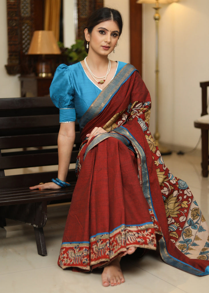 Classy maroon Cotton saree with Kalamkari hand painted Pallu and Ajrakh border