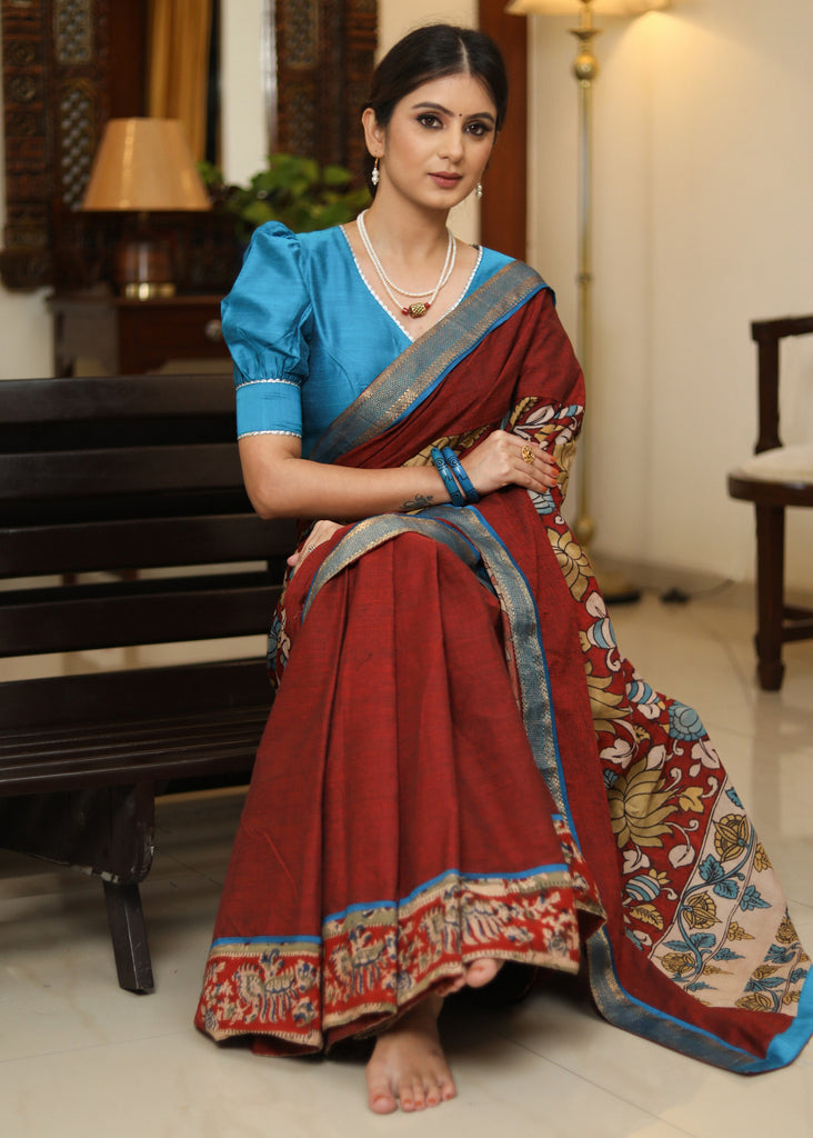 Classy maroon Cotton saree with Kalamkari hand painted Pallu and Ajrakh border