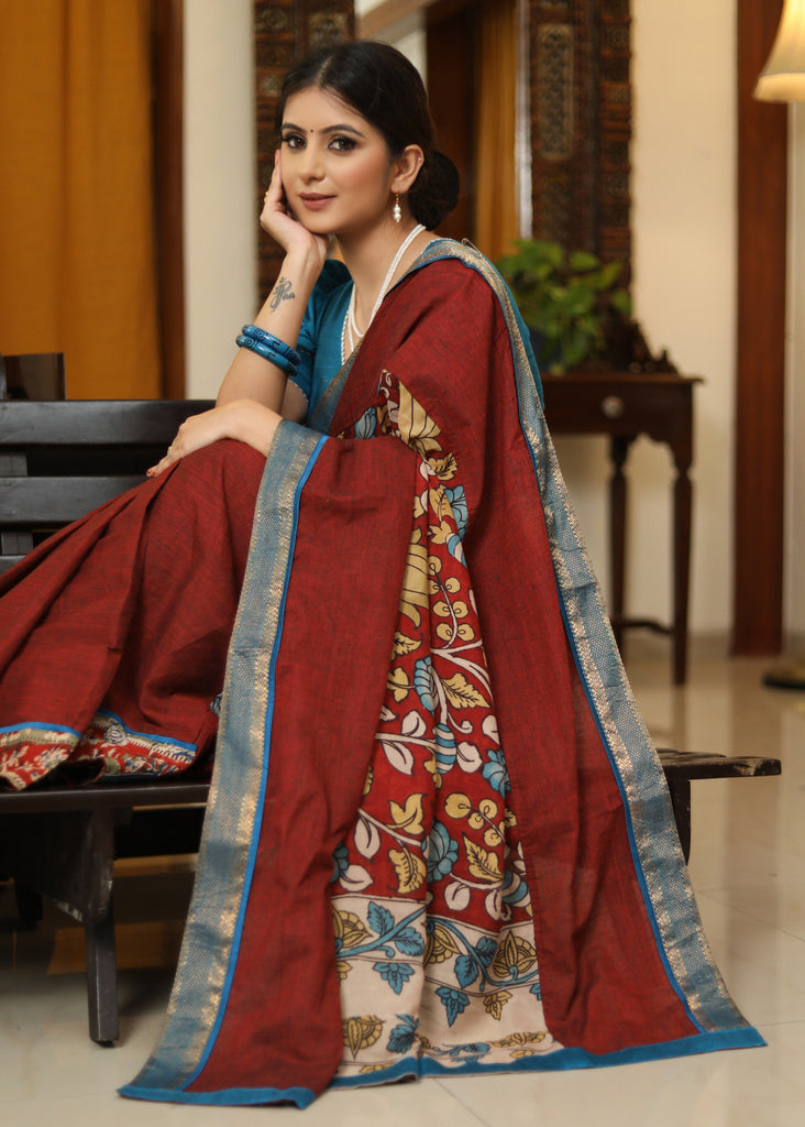 Classy maroon Cotton saree with Kalamkari hand painted Pallu and Ajrakh border