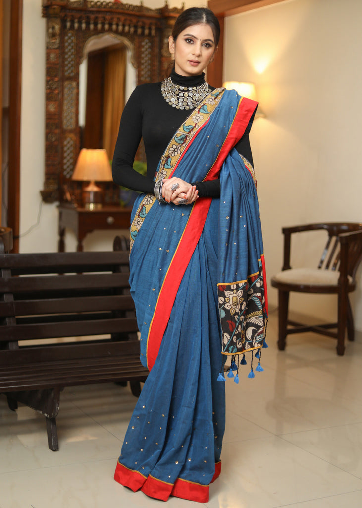 Designer peacock blue saree with Kalamkari Pallu and golden embellishment