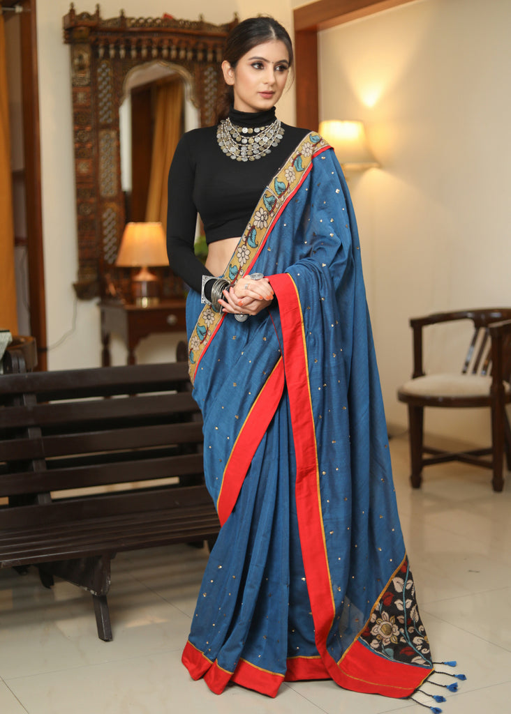 Designer peacock blue saree with Kalamkari Pallu and golden embellishment