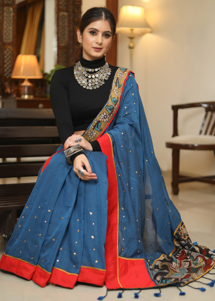 Designer peacock blue saree with Kalamkari Pallu and golden embellishment
