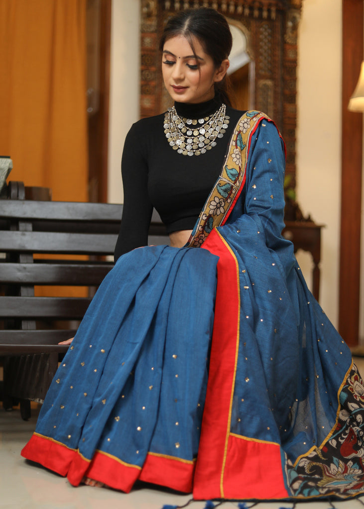 Designer peacock blue saree with Kalamkari Pallu and golden embellishment