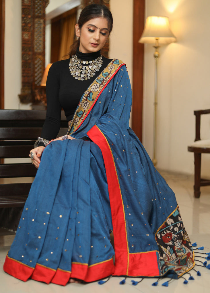 Designer peacock blue saree with Kalamkari Pallu and golden embellishment