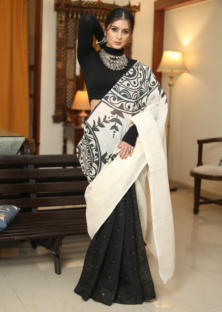 Stylish black cotton Dhakai hand painted saree