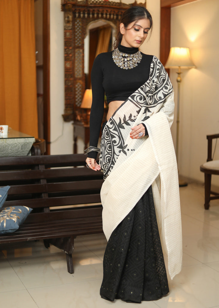 Stylish black cotton Dhakai hand painted saree