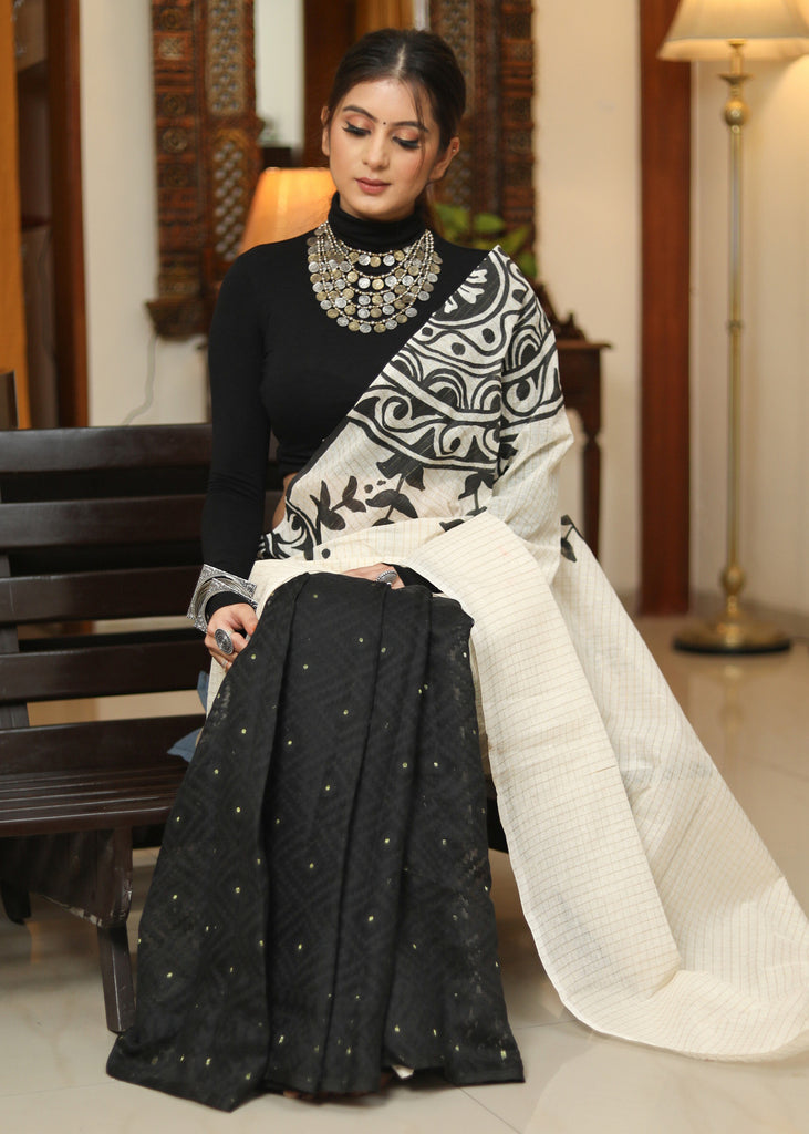 Stylish black cotton Dhakai hand painted saree