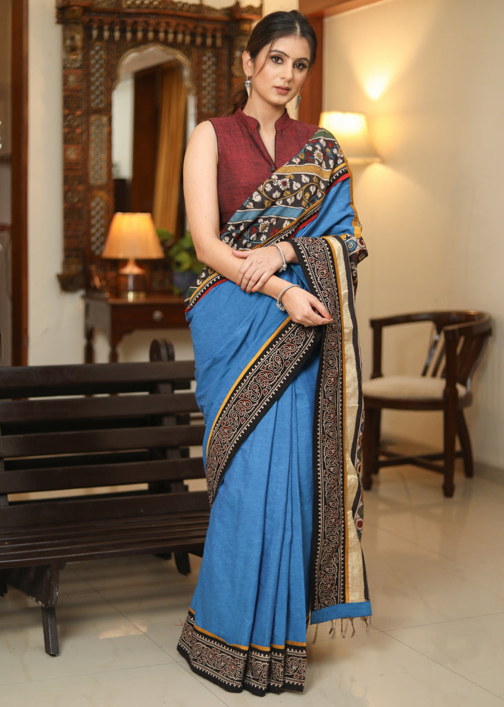 Graceful blue Cotton saree with ethnic KALAMKARI painted Pallu and Ajrakh border