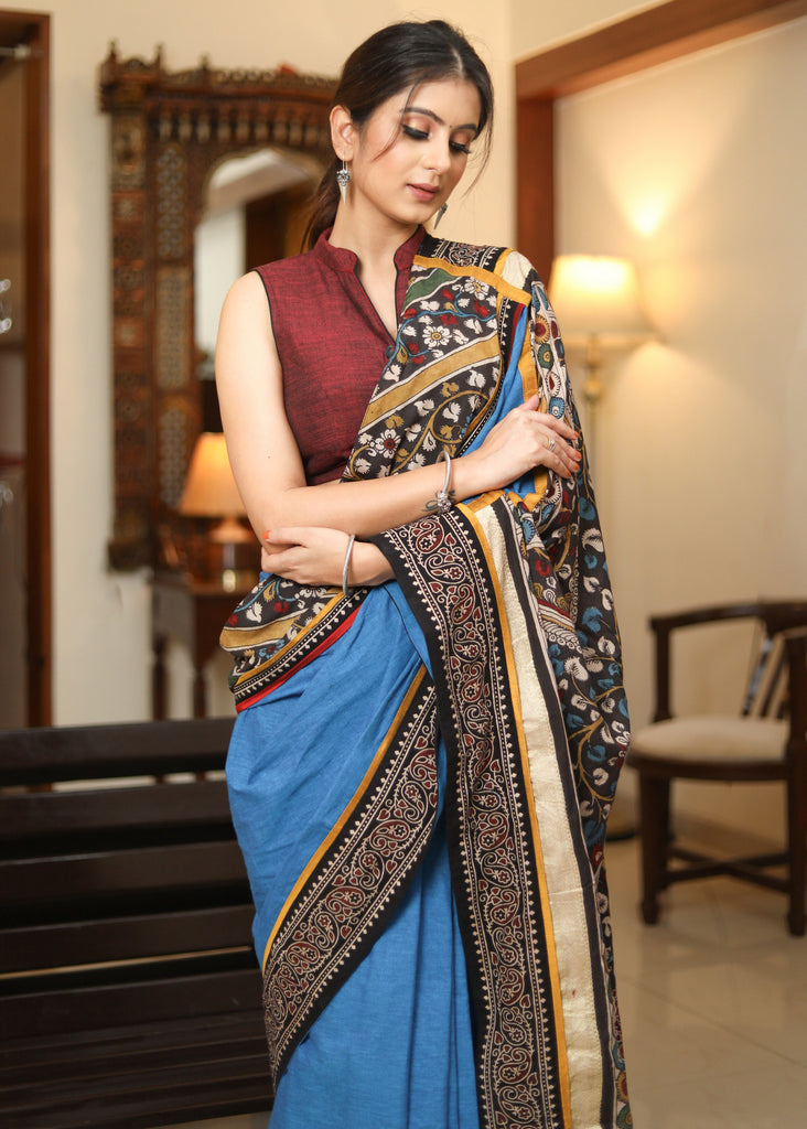Graceful blue Cotton saree with ethnic KALAMKARI painted Pallu and Ajrakh border