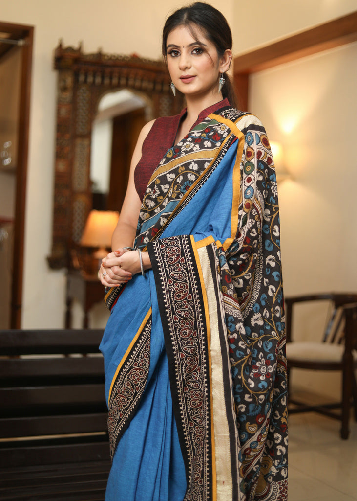 Graceful blue Cotton saree with ethnic KALAMKARI painted Pallu and Ajrakh border