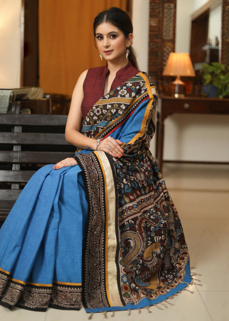 Graceful blue Cotton saree with ethnic KALAMKARI painted Pallu and Ajrakh border