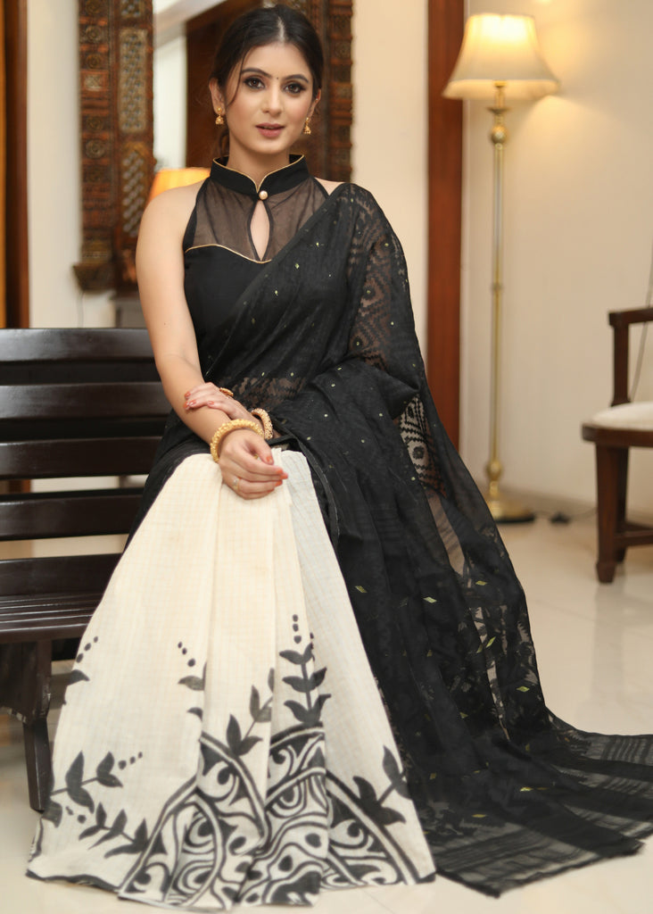 Designer Dhakai hand painted black Cotton saree