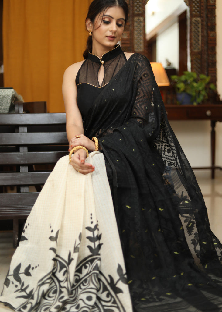 Designer Dhakai hand painted black Cotton saree