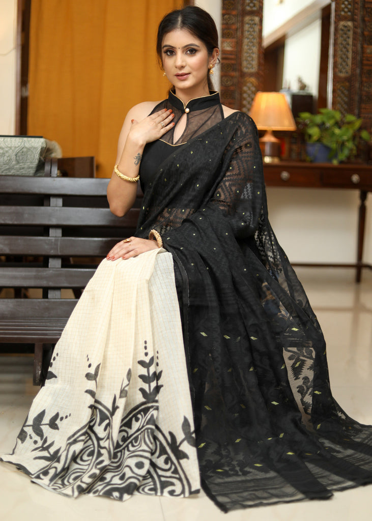 Designer Dhakai hand painted black Cotton saree