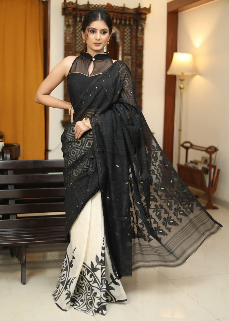 Designer Dhakai hand painted black Cotton saree