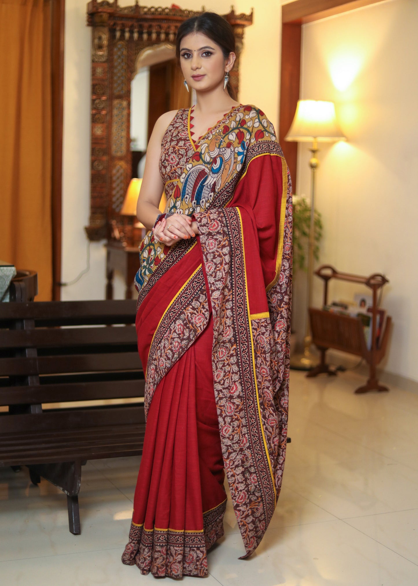 Exclusive maroon Cotton saree with Kalamkari border and kalamkari Pallu