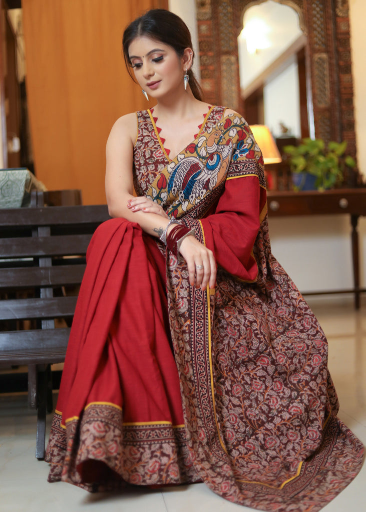 Exclusive maroon Cotton saree with Kalamkari border and kalamkari Pallu