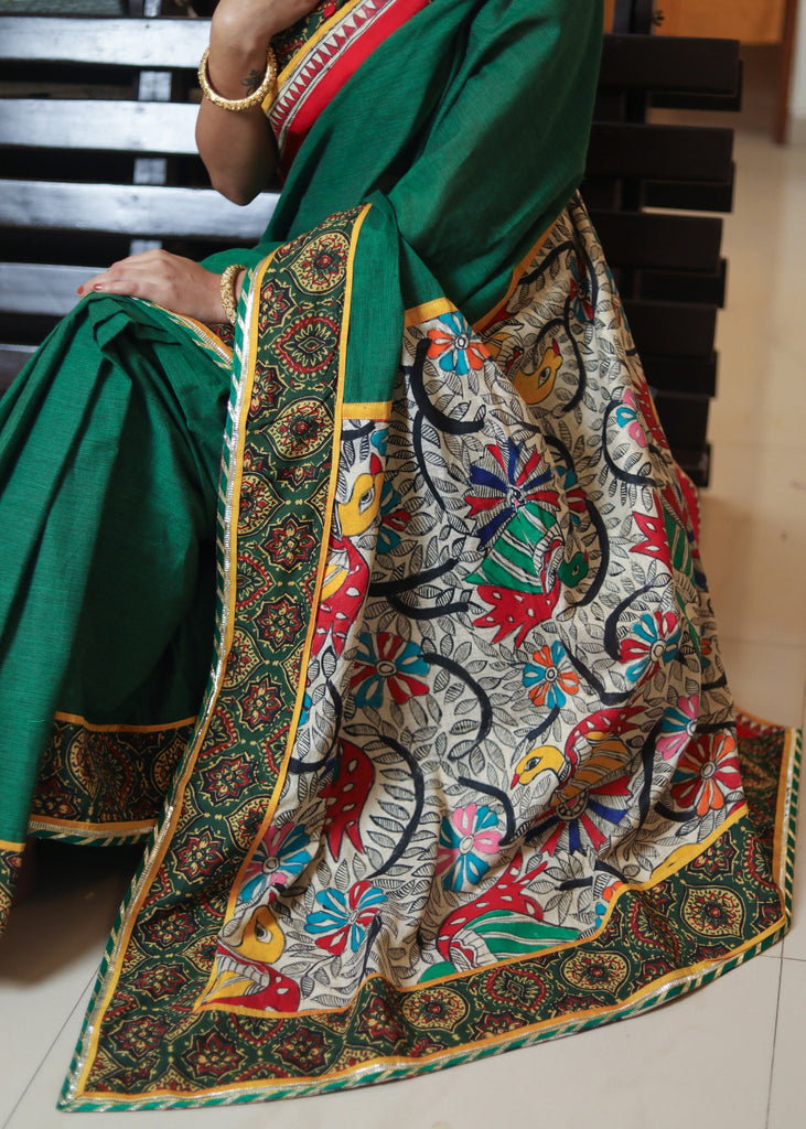 Exclusive green Cotton saree with beautiful Madhubani painted Pallu and Ajrakh border