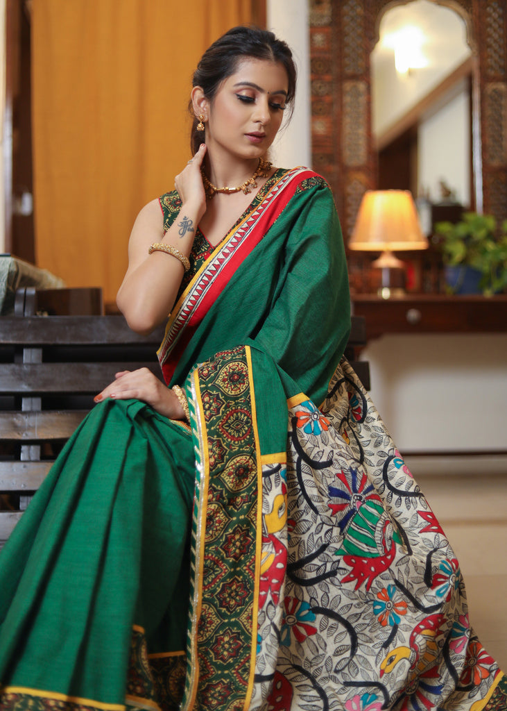 Exclusive green Cotton saree with beautiful Madhubani painted Pallu and Ajrakh border