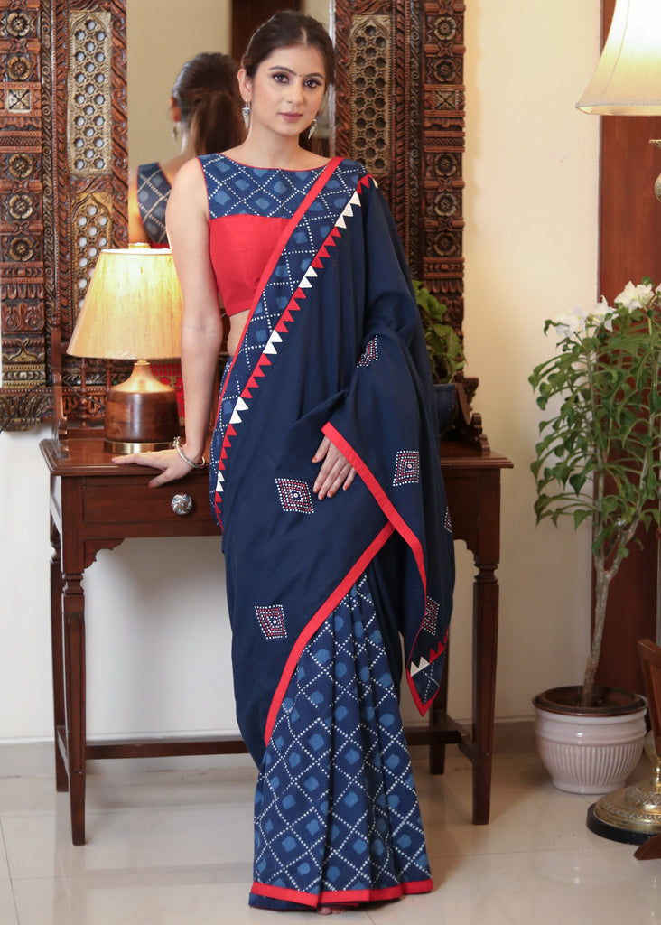 Beautiful blue Cotton saree with delicate temple embroidery and elegant hand painting