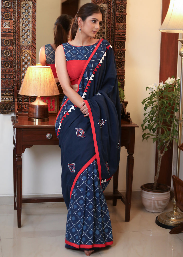 Beautiful blue Cotton saree with delicate temple embroidery and elegant hand painting