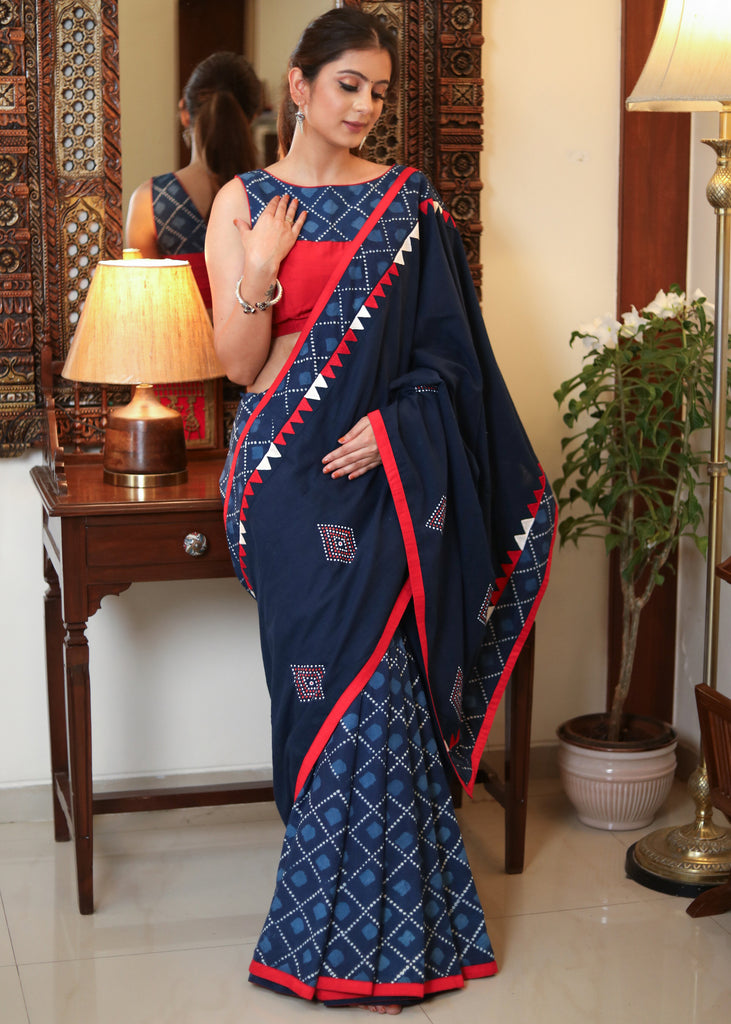 Beautiful blue Cotton saree with delicate temple embroidery and elegant hand painting