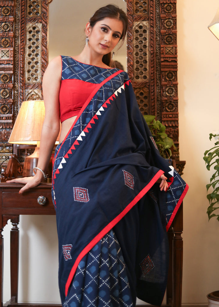 Beautiful blue Cotton saree with delicate temple embroidery and elegant hand painting