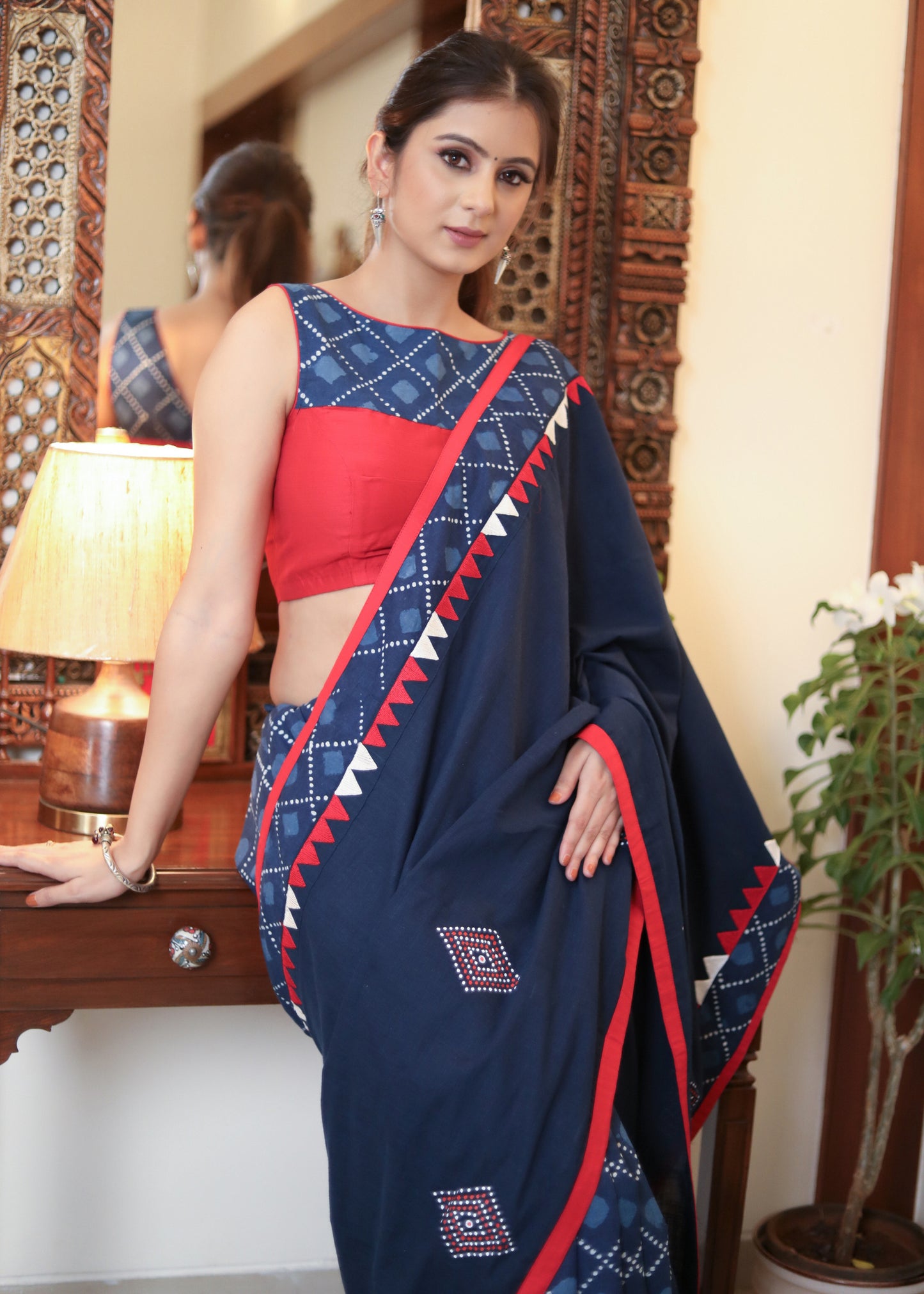Beautiful blue Cotton saree with delicate temple embroidery and elegant hand painting