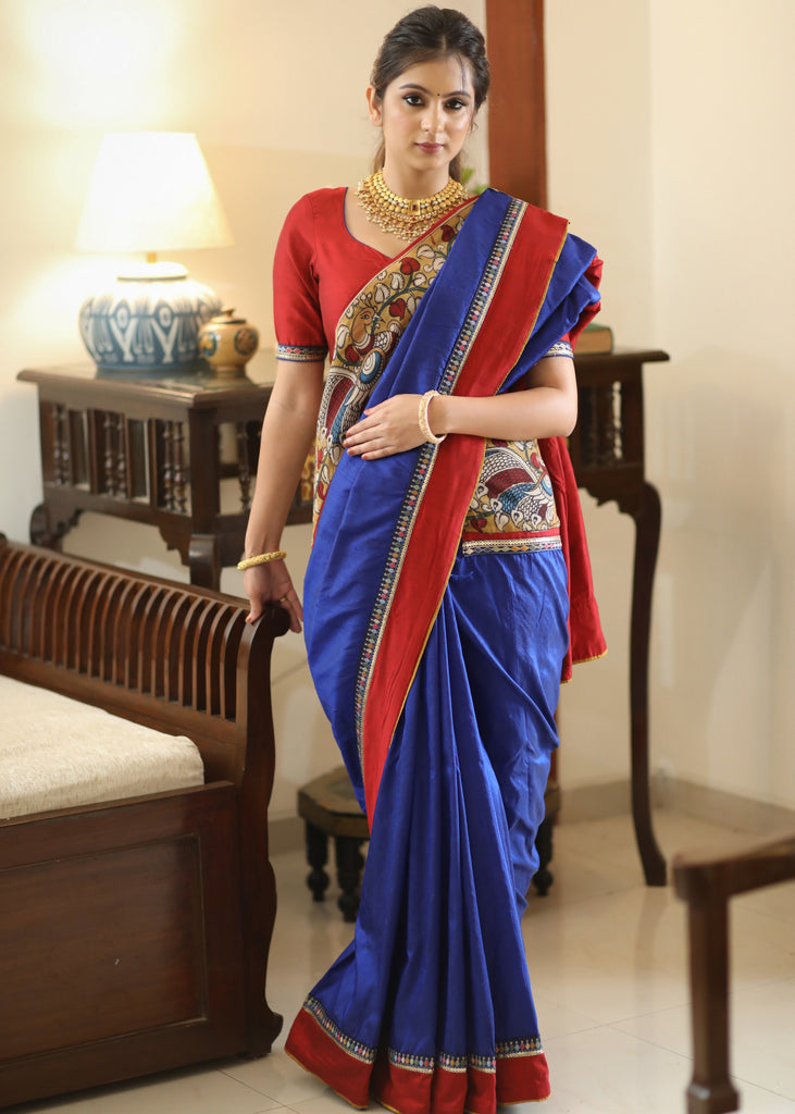 Gorgeous Raw silk blue saree with Kalamkari hand painted border and delicate lace