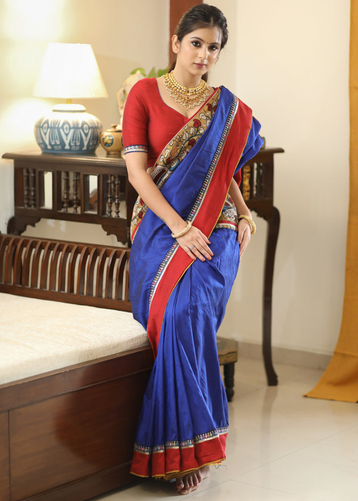Gorgeous Raw silk blue saree with Kalamkari hand painted border and delicate lace