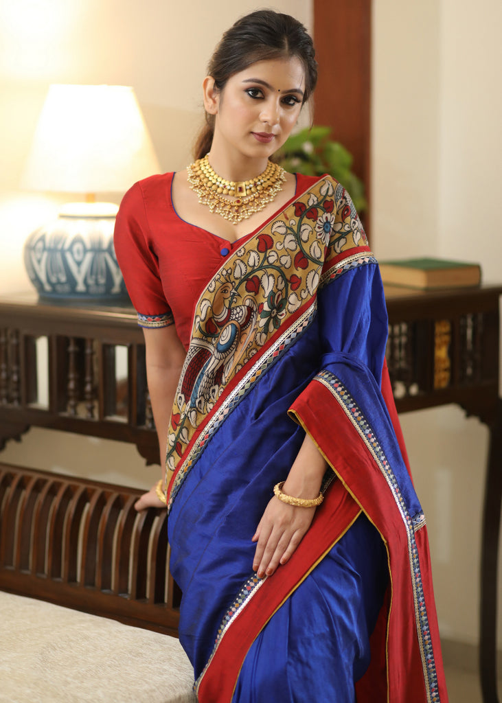 Gorgeous Raw silk blue saree with Kalamkari hand painted border and delicate lace