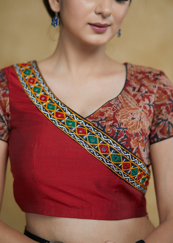 Stylish Maroon Angarkha Cotton silk & Kalamkari Print Combination Blouse with Mirrorwork Detailing