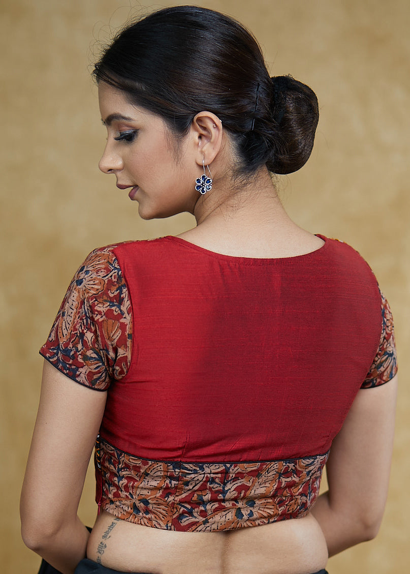 Stylish Maroon Angarkha Cotton silk & Kalamkari Print Combination Blouse with Mirrorwork Detailing