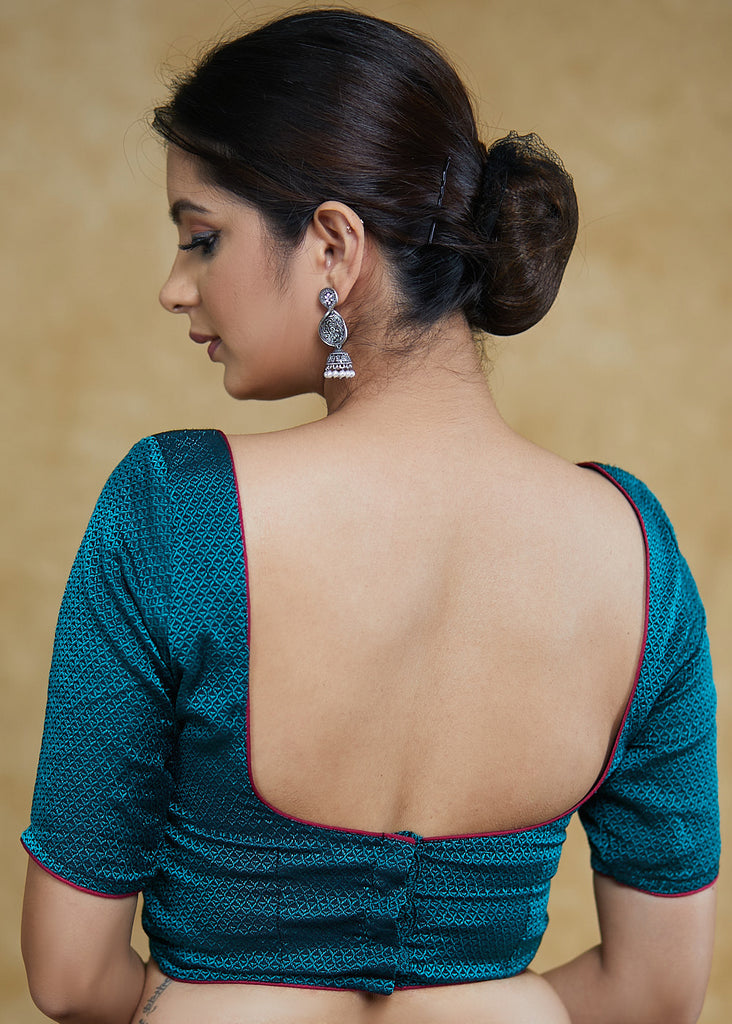 Classy Peacock Green Khun Blouse with Magenta Detailing.