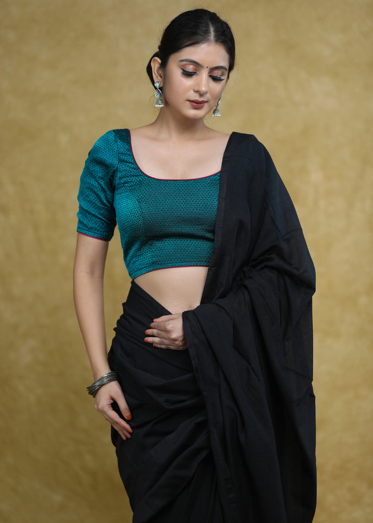 Classy Peacock Green Khun Blouse with Magenta Detailing.